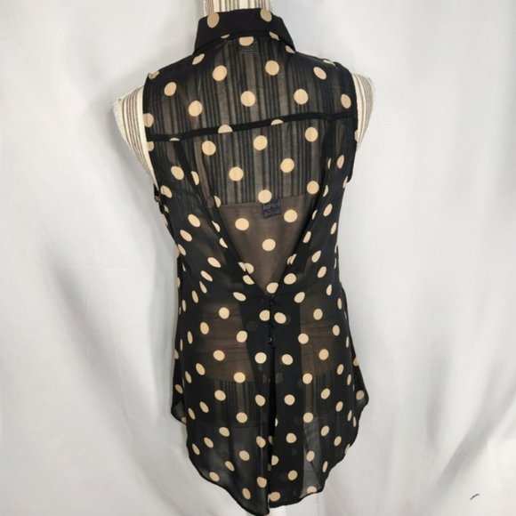Sans Souci Black w/Tan Dots Button Down Collared Sleeveless Top Size Small - Picture 6 of 11